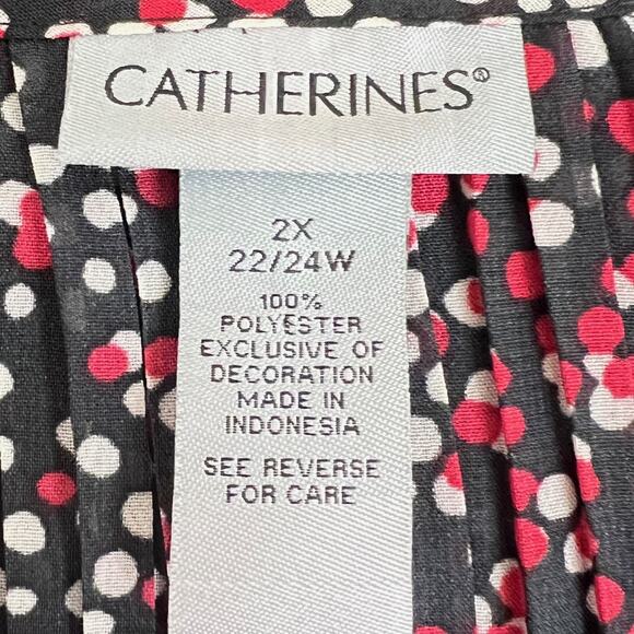 Catherines Womens Tunic Top 2X Pleated Beaded Black Red Polka Dot Asymmetric Hem - Picture 6 of 7